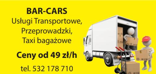 Grafika reklamowa firmy BAR-CARS z ofertą usług transportowych i przeprowadzek, prezentująca białą ciężarówkę z otwartymi drzwiami, gdzie animowane postacie wkładają kartony, a w tle żółte tło...