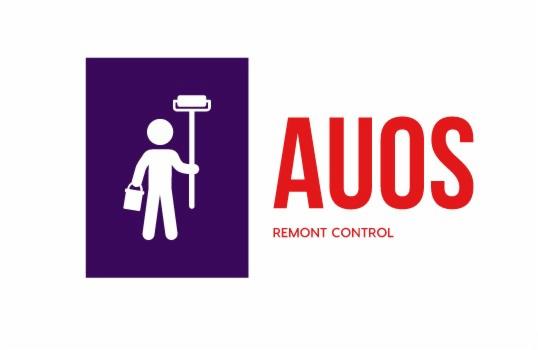Logo firmy remontowej AUOS Remont Control: Stylizowana postać z wałkiem i wiadrem farby na fioletowym tle, obok czerwony napis AUOS.