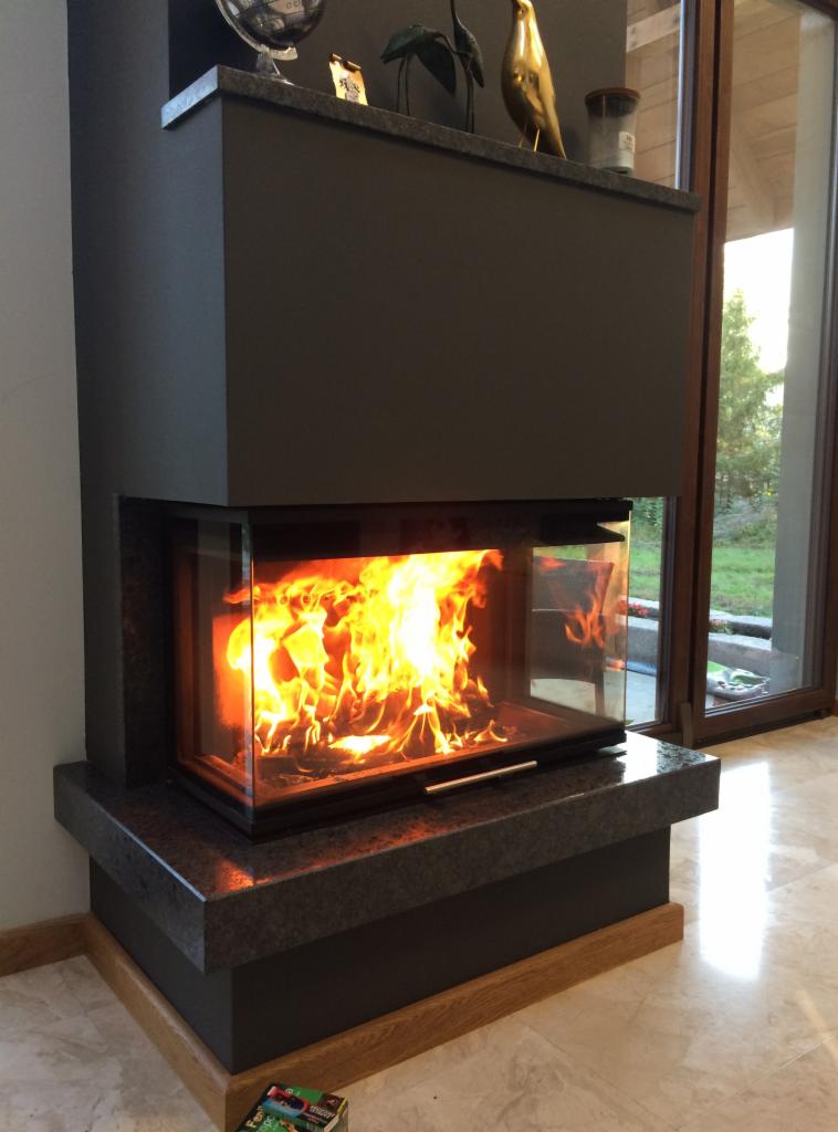 Nowoczesny kominek z przeszklonym paleniskiem, płomienie wewnątrz, dekoracje na górze, widok na ogród przez okno w tle.