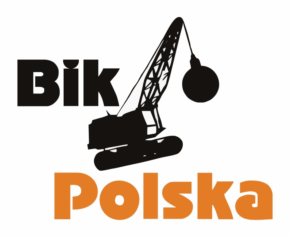 Grafika: czarny dźwig z kulą burzącą nad pomarańczowym napisem 'Polska', nad nim czarny napis 'Bik' na białym tle.