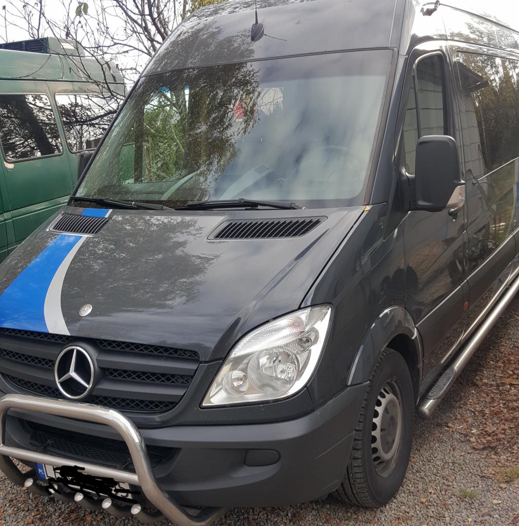 Szary Mercedes Sprinter z niebieskim pasem i chromowanym orurowaniem z przodu, zaparkowany na żwirowym podłożu.