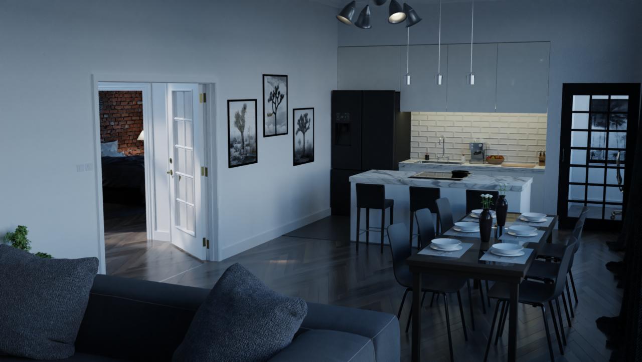 Nowoczesne wnętrze z otwartą kuchnią, jadalnią i widokiem na sypialnię z ceglaną ścianą; minimalistyczne obrazy na ścianie.