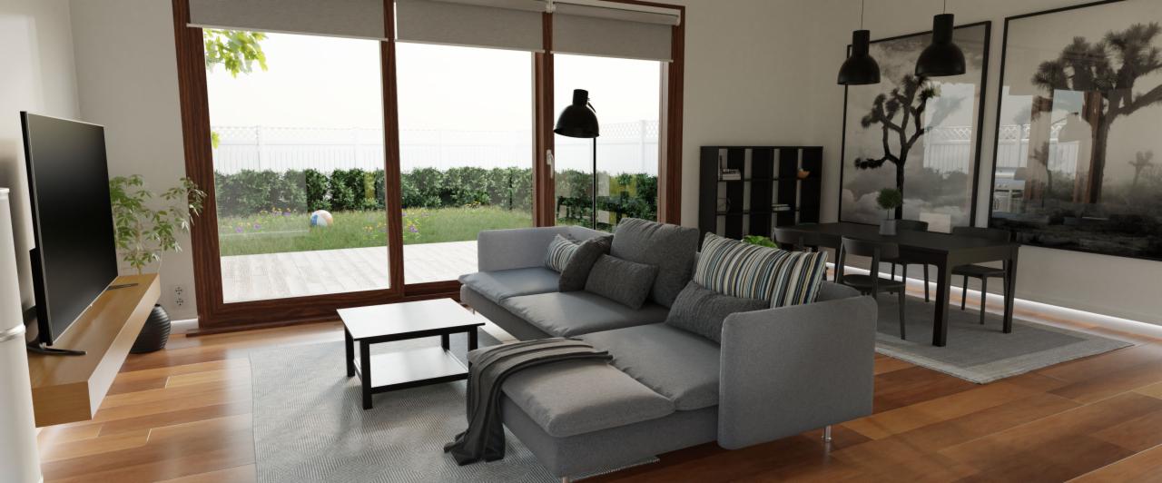 Jasny salon z szarą sofą modułową, stolikiem kawowym i widokiem na ogród przez duże okno przesuwne.