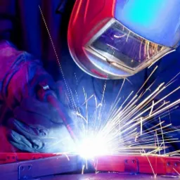 Praca w toku: Intensywne iskry podczas spawania metalowych elementów w Augustowie, widoczne rękawice ochronne i maska spawalnicza w niebiesko-czerwonej tonacji.