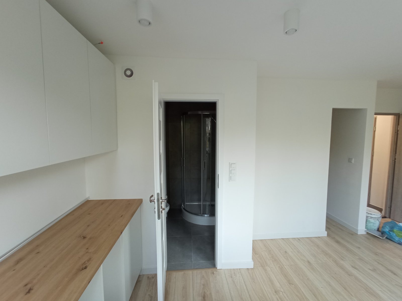 Nowoczesna łazienka z kabiną prysznicową za otwartymi białymi drzwiami, widoczna z jasnego pomieszczenia z drewnopodobną podłogą i białymi meblami.