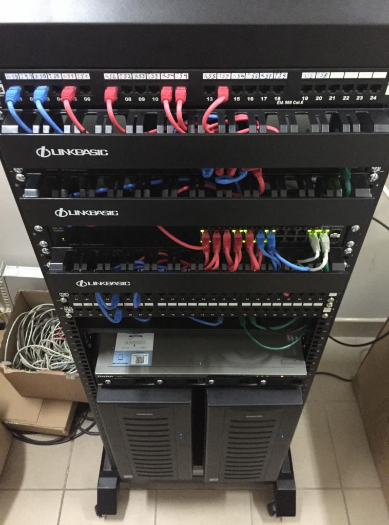 Widok z bliska szafy rack z zainstalowanymi urządzeniami sieciowymi, patch panele z podłączonymi kablami Ethernet (czerwone, niebieskie, zielone, białe), switch Cisco, serwery QNAP, kable ułożone...