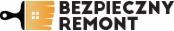 Logo firmy remontowej: Złota pędzel z oknem tworząca dom, napis 'BEZPIECZNY REMONT' czarną czcionką.
