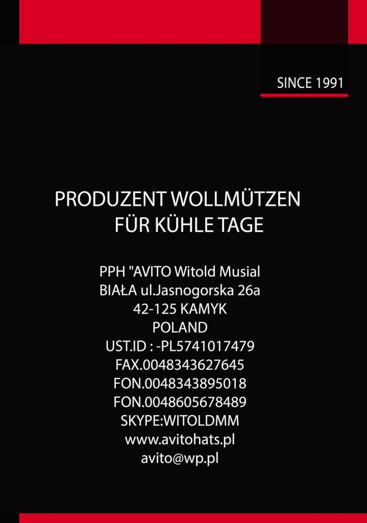 Grafika reklamowa producenta czapek wełnianych 'AVITO Witold Musial' z adresem, numerami kontaktowymi i adresem strony internetowej.