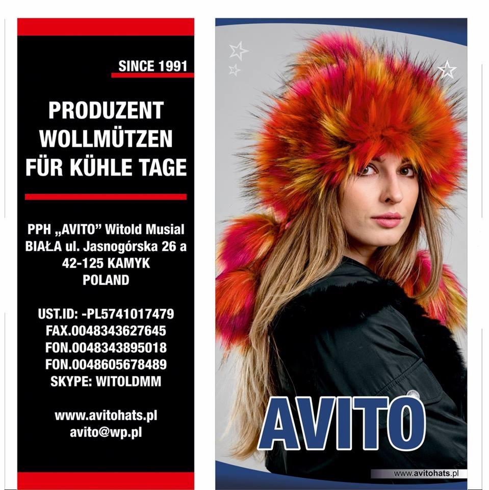 Reklama producenta czapek zimowych 'Avito', prezentująca modelkę w efektownej, futrzanej czapce w odcieniach pomarańczy, różu i żółci na tle firmowego logo i danych kontaktowych.