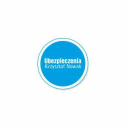 Niebieskie logo firmy ubezpieczeniowej 'Ubezpieczenia Krzysztof Nowak' na białym tle. Okrągłe logo z wyraźnym napisem i obwódką.