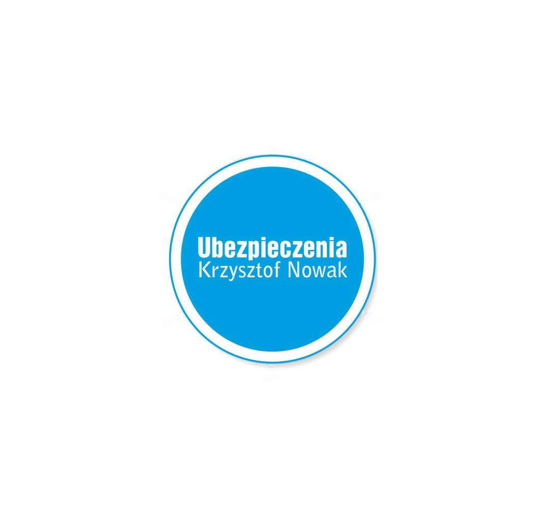 Niebieskie logo firmy ubezpieczeniowej 'Ubezpieczenia Krzysztof Nowak' na białym tle. Okrągłe logo z wyraźnym napisem i obwódką.