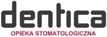 Logo firmy Dentica z napisem 'OPIEKA STOMATOLOGICZNA' w kolorze bordowym pod spodem.