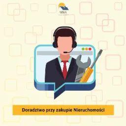 Ilustracja: Konsultant z zestawem słuchawkowym w dymku dialogowym, trzymający klucz francuski i śrubokręt, z napisem 'Doradztwo przy zakupie nieruchomości' i logo firmy M&K Nieruchomości w tle.