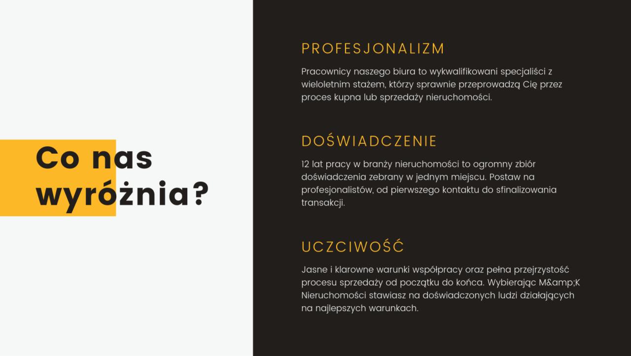 Reklama agencji nieruchomości: żółty blok z pytaniem 'Co nas wyróżnia?' obok tekstu o profesjonalizmie, doświadczeniu i uczciwości.