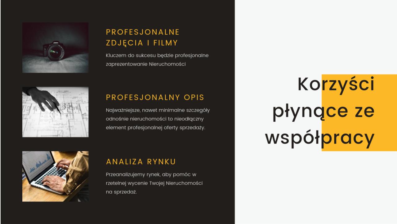 Grafika reklamowa agencji nieruchomości z Brwinowa, prezentująca korzyści ze współpracy: profesjonalne zdjęcia i filmy, dokładny opis nieruchomości oraz analizę rynku.