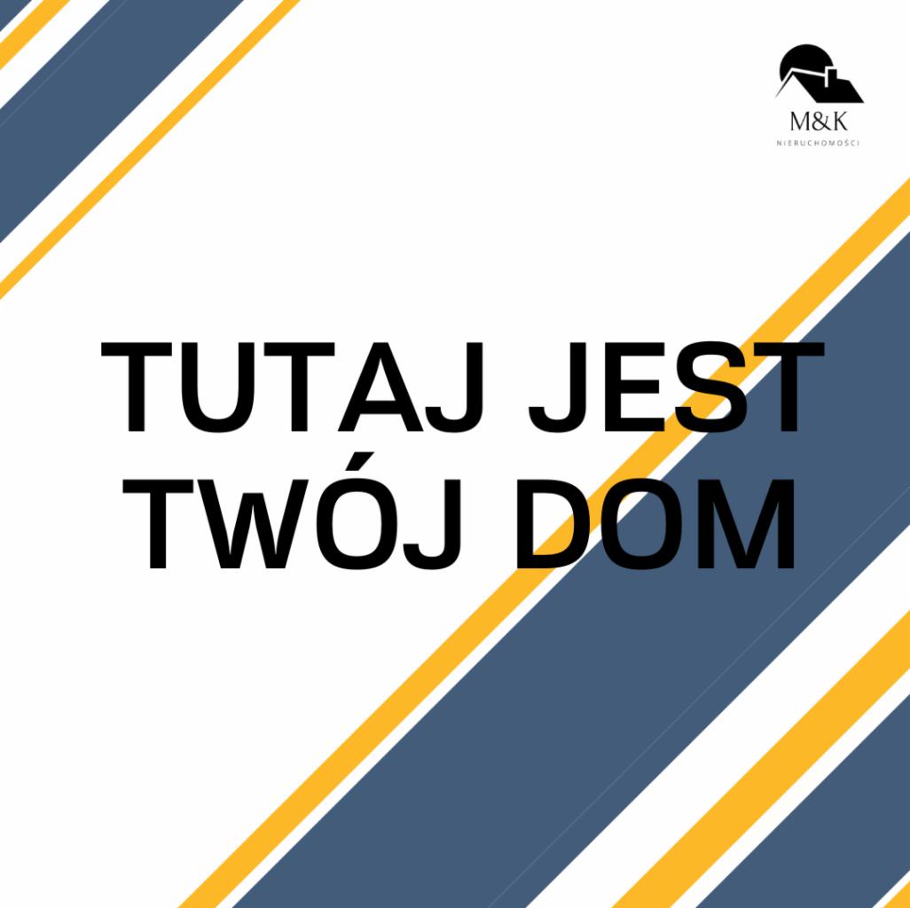 Grafika reklamowa agencji nieruchomości M&K z tekstem 'Tutaj Jest Twój Dom' na tle z ukośnymi, kolorowymi pasami.