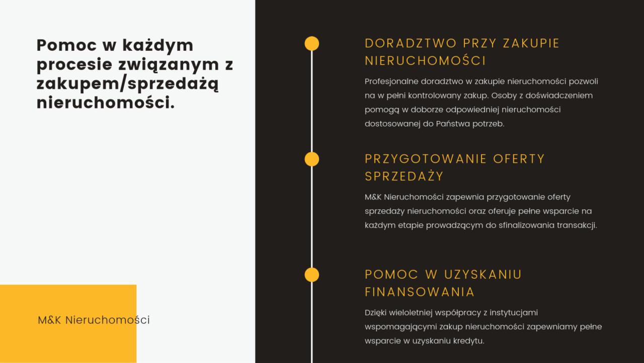 Grafika reklamowa agencji nieruchomości M&K Nieruchomości, oferującej doradztwo przy zakupie, przygotowanie oferty oraz pomoc w uzyskaniu finansowania.