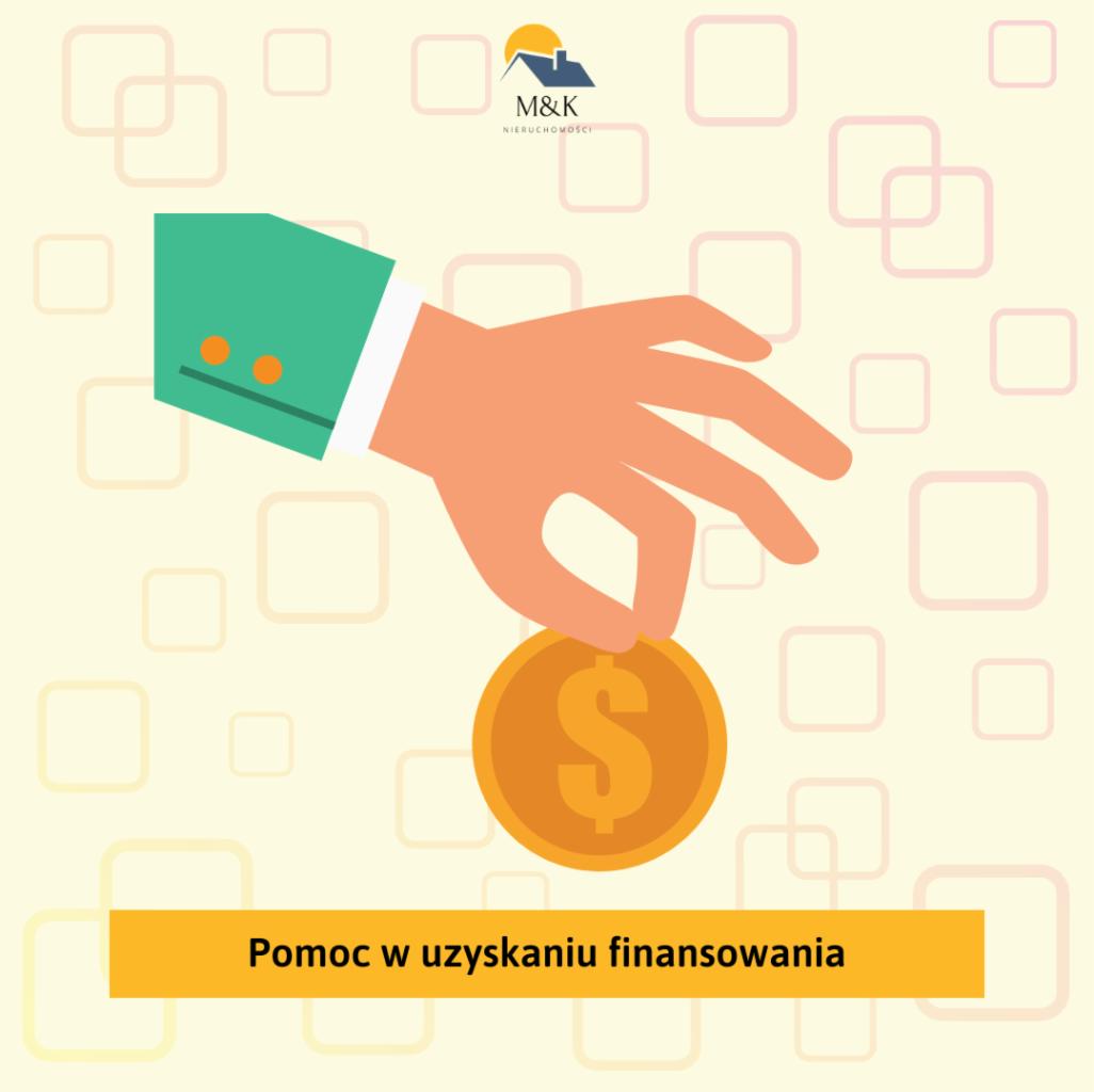 Ilustracja dłoni trzymającej złotą monetę z symbolem dolara, na beżowym tle z rozmytymi kwadratami i logo M&K Nieruchomości oraz napisem 'Pomoc w uzyskaniu finansowania'.