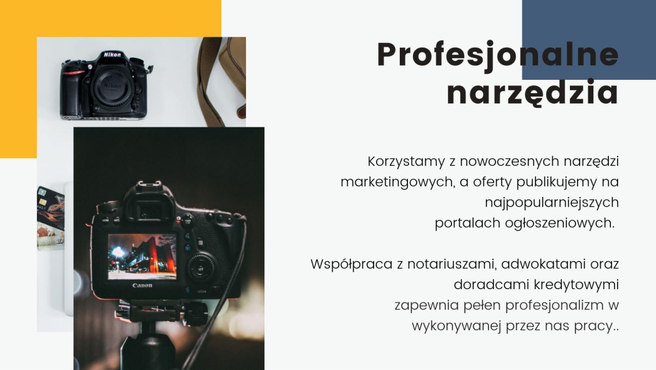Dwie kamery: Nikon i Canon, używane jako narzędzia marketingowe do publikacji ofert na popularnych portalach ogłoszeniowych, symbolizujące współpracę z notariuszami, adwokatami i doradcami...