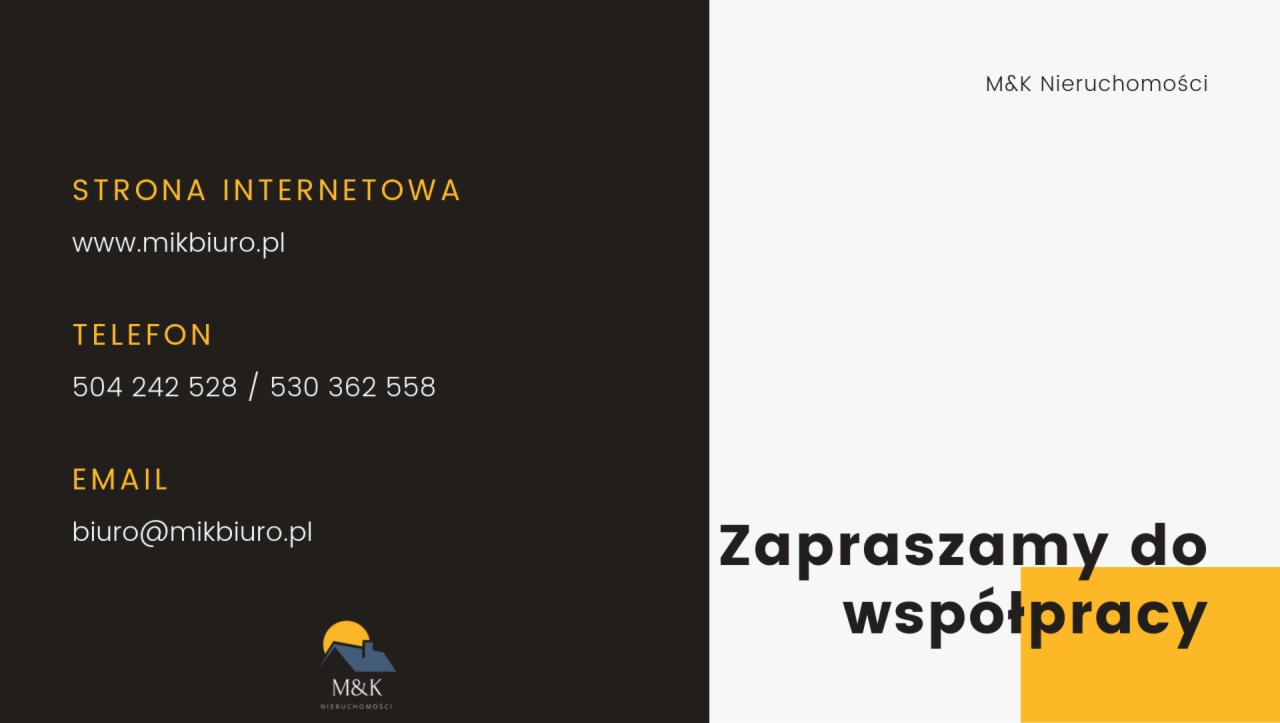 Grafika reklamowa biura nieruchomości M&K Nieruchomości z adresem strony internetowej, numerami telefonów oraz adresem email, zapraszająca do współpracy, z logo firmy w lewym dolnym rogu.