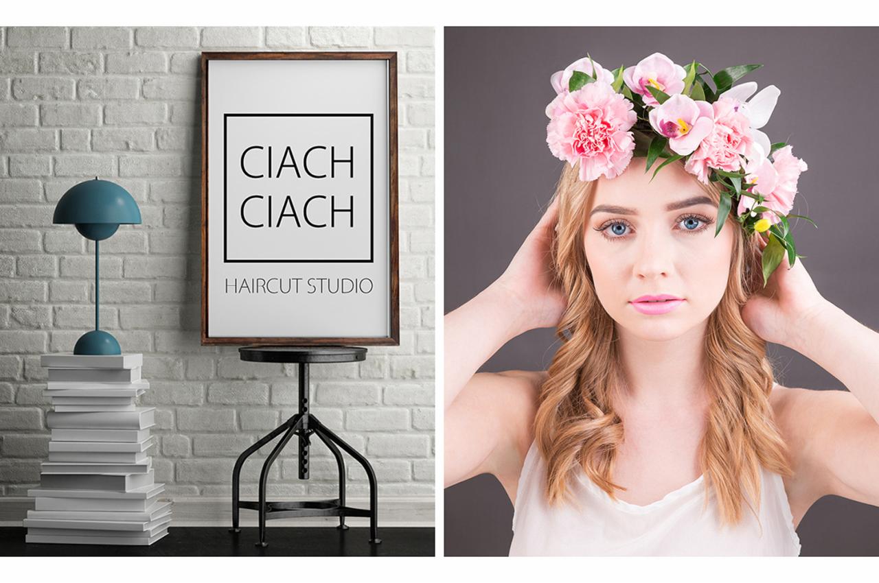 Portret blondynki z wiankiem z różowych kwiatów na głowie, na drugim planie ściana z cegły, plakat z napisem 'CIACH CIACH HAIRCUT STUDIO', lampka i stos książek.