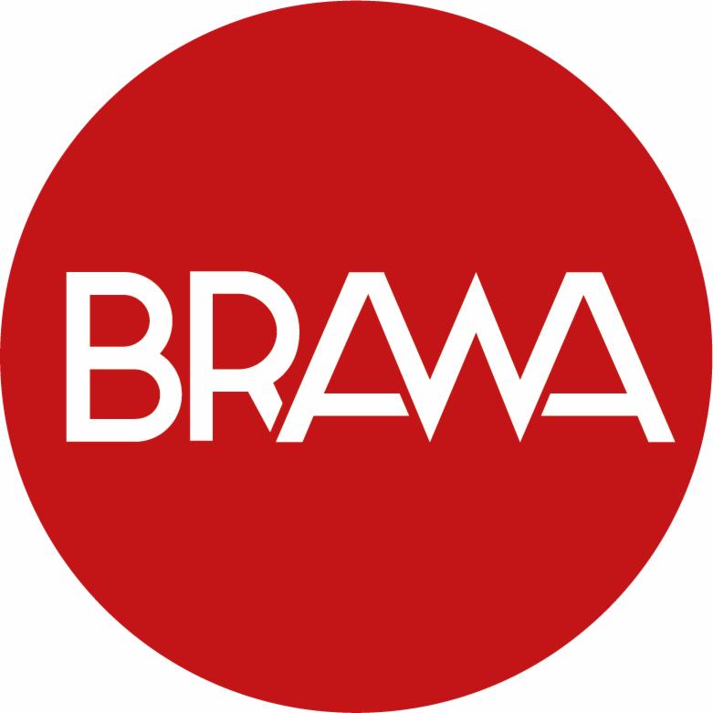 Logo firmy BRAWA: biały napis na czerwonym okręgu.