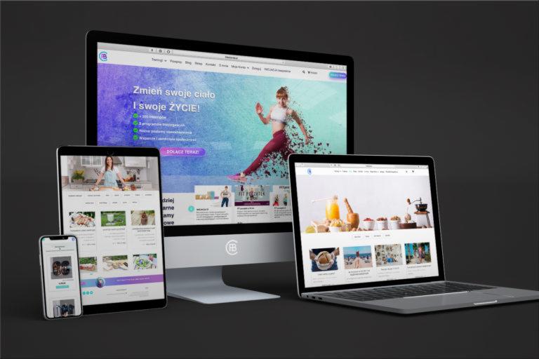 Prezentacja responsywnej strony internetowej na monitorze, tablecie i smartfonie, z motywami zdrowego stylu życia i odżywiania.