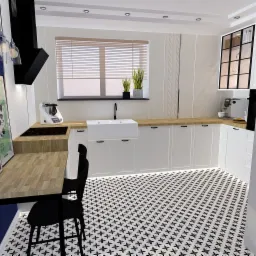 Wizualizacja projektu kuchni w Wałczu: białe szafki z drewnianym blatem, czarno-biała podłoga w geometryczny wzór, minimalistyczny stół z krzesłem i dekoracyjne lampy wiszące.