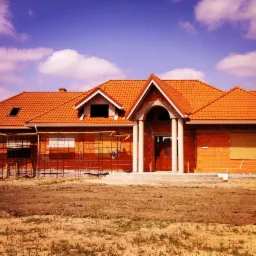 Dom w trakcie budowy z nowym, pomarańczowym dachem z dachówki ceramicznej, widoczne rusztowania i pracownik na dachu, błękitne niebo z chmurami w tle.