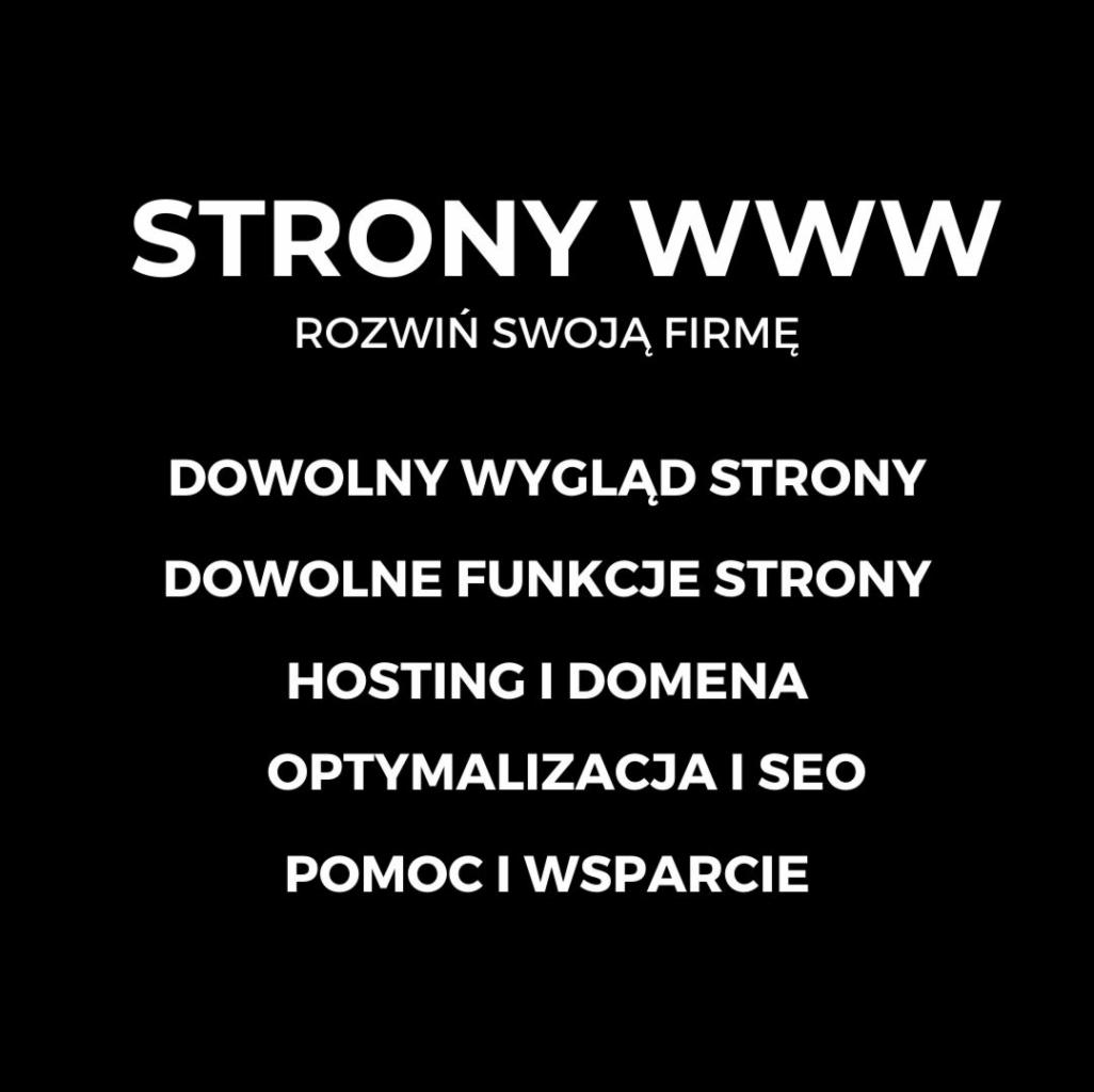 Grafika z białym tekstem na czarnym tle, informująca o ofercie tworzenia stron WWW z dowolnym wyglądem, funkcjami, hostingiem, domeną, optymalizacją SEO oraz pomocą i wsparciem.