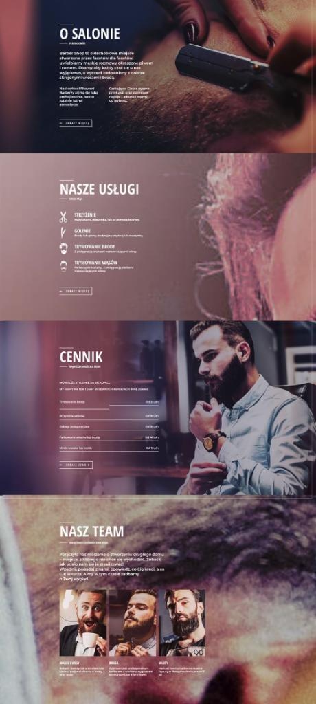 Fragment strony internetowej salonu barberskiego z informacjami o ofercie, cenniku i zespole, utrzymany w stylistyce retro.