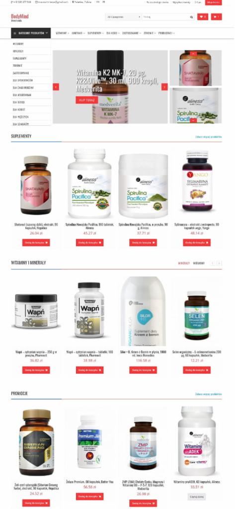Strona internetowa sklepu z suplementami diety i witaminami, prezentująca różne produkty w przejrzystym układzie.