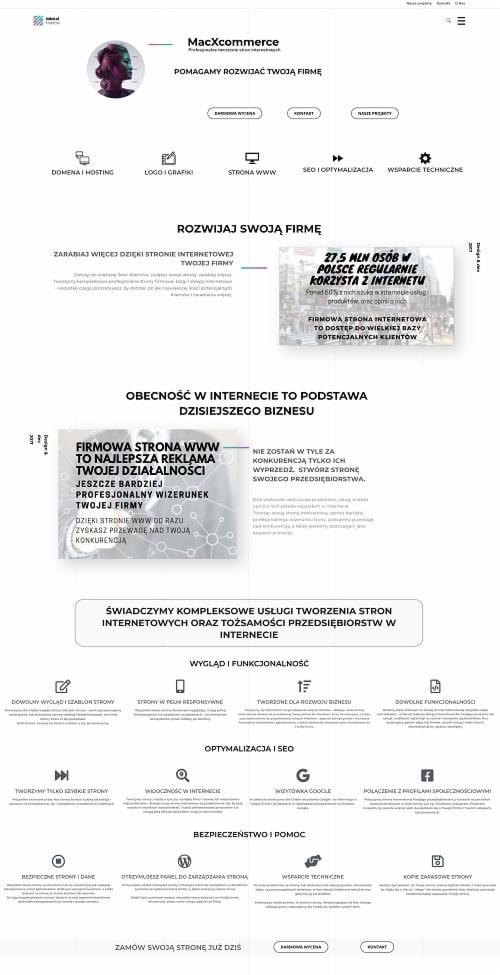 Projekt strony internetowej firmy MacXcommerce, prezentujący usługi tworzenia stron, optymalizacji SEO, logo i grafiki, domeny i hosting oraz wsparcie techniczne, z hasłem 'Pomagamy rozwijać Twoją...