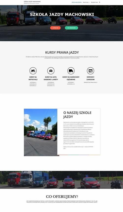 Strona internetowa szkoły nauki jazdy z widocznymi kursami na motocykl, samochody osobowe, ciężarowe i kierowców zawodowych. Górna część strony zawiera zdjęcia pojazdów, a dolna opis szkoły i jej...