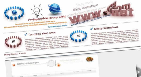 Grafika przedstawiająca koncepcje związane z tworzeniem stron WWW, w tym ikony, teksty i grafiki ilustrujące proces tworzenia i pozycjonowania stron internetowych oraz budowy sklepów internetowych.