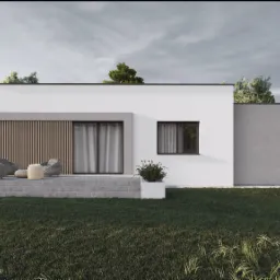 Wizualizacja nowoczesnego domu jednorodzinnego z płaskim dachem, elementami drewnianymi na elewacji i tarasem z meblami ogrodowymi, otoczonego zielenią.