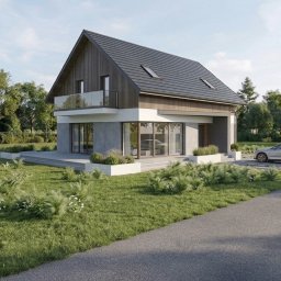 MVA Architektura Michał Bigaj - Wizualizacja nowoczesnego domu jednorodzinnego z dwuspadowym dachem, drewnianą elewacją na piętrze i dużymi przeszkleniami na parterze. Szklany balkon, betonowe detale, zielony ogród, podjazd...
