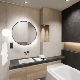 Wizualizacja nowoczesnej łazienki z okrągłym lustrem podświetlonym LED, czarną armaturą, grzejnikiem drabinkowym i akcentami drewna.