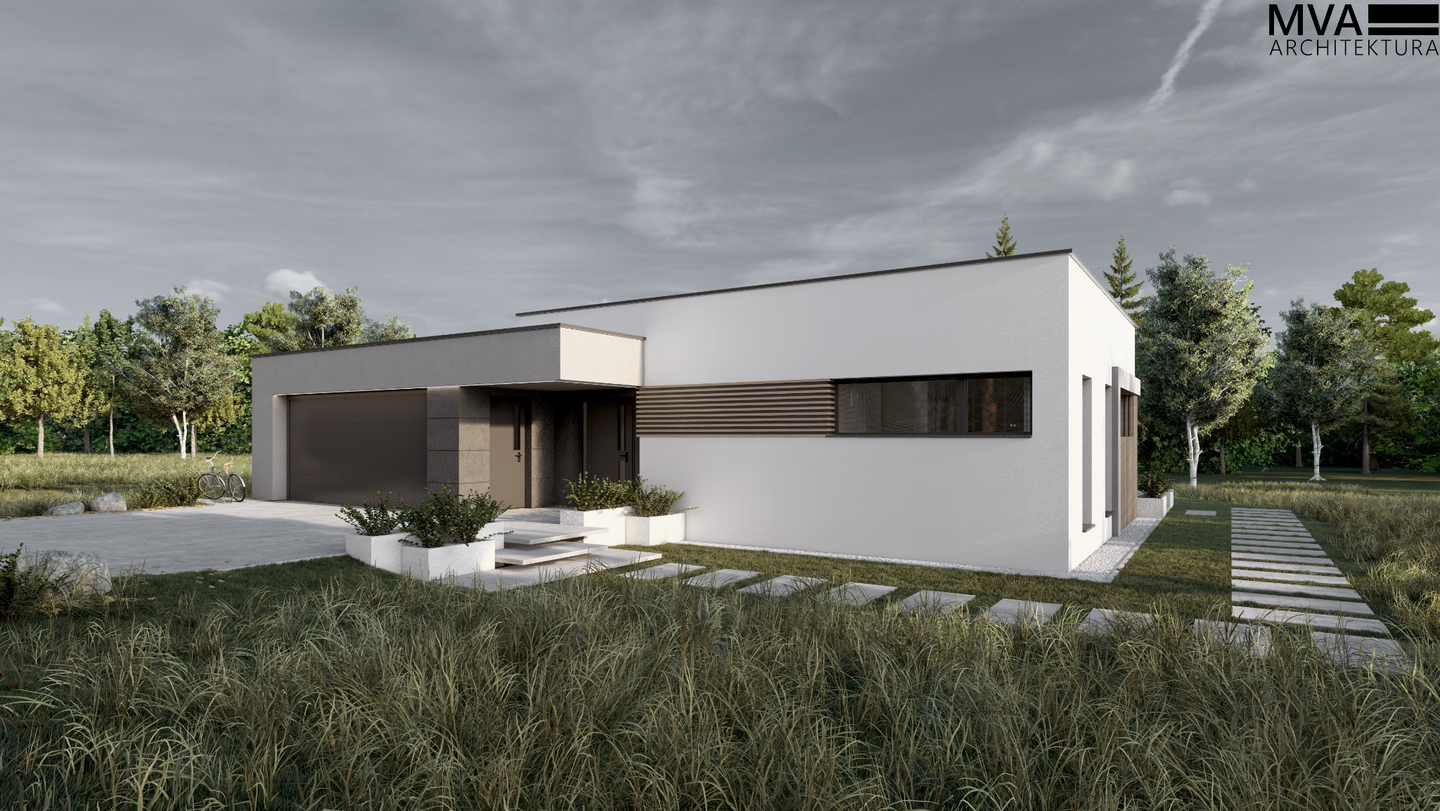 Nowoczesny dom jednorodzinny z płaskim dachem, szarą bryłą garażu i białymi ścianami. Kamienna ścieżka prowadzi do wejścia, a zieleń porasta otoczenie. Wizualizacja architektoniczna.