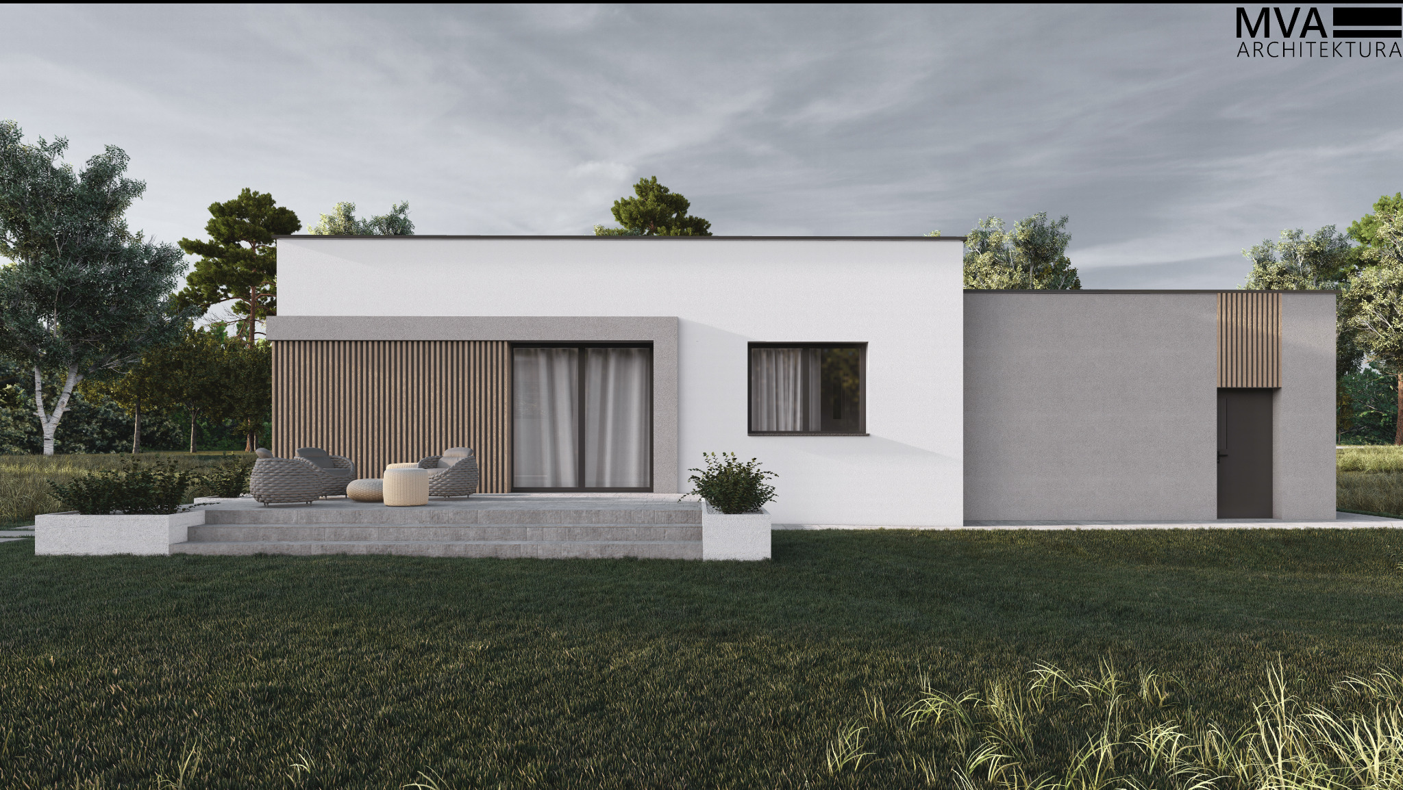 Wizualizacja nowoczesnego domu jednorodzinnego z płaskim dachem, elementami drewnianymi na elewacji i tarasem z meblami ogrodowymi, otoczonego zielenią.