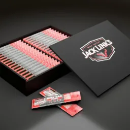 Eleganckie opakowanie prezentowe z logo Jack Link's, wypełnione batonami wołowymi, z kilkoma batonami leżącymi obok na czarnym tle.