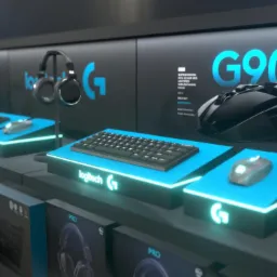 Ekspozycja produktów Logitech G: klawiatury, myszy i słuchawki na podświetlonych, błękitnych platformach w sklepie, z widocznymi opakowaniami poniżej.