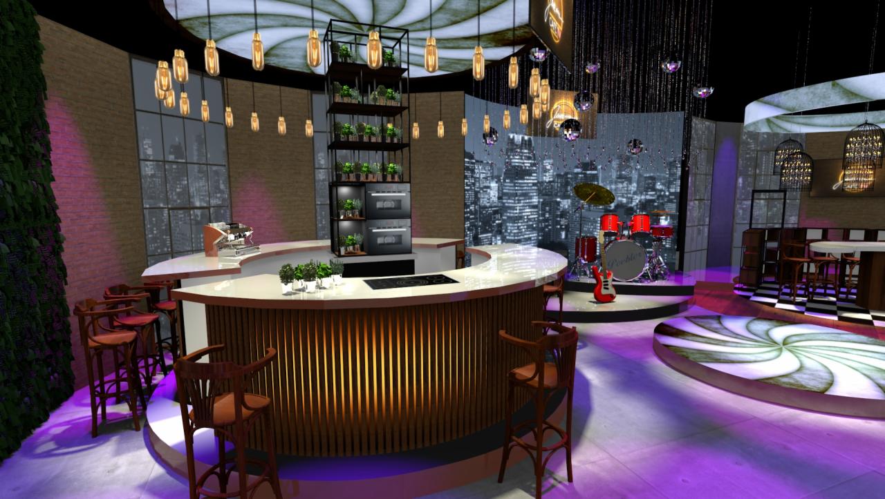 Wizualizacja 3D wnętrza studia telewizyjnego z barem, sceną muzyczną i oknami z widokiem na miasto nocą.