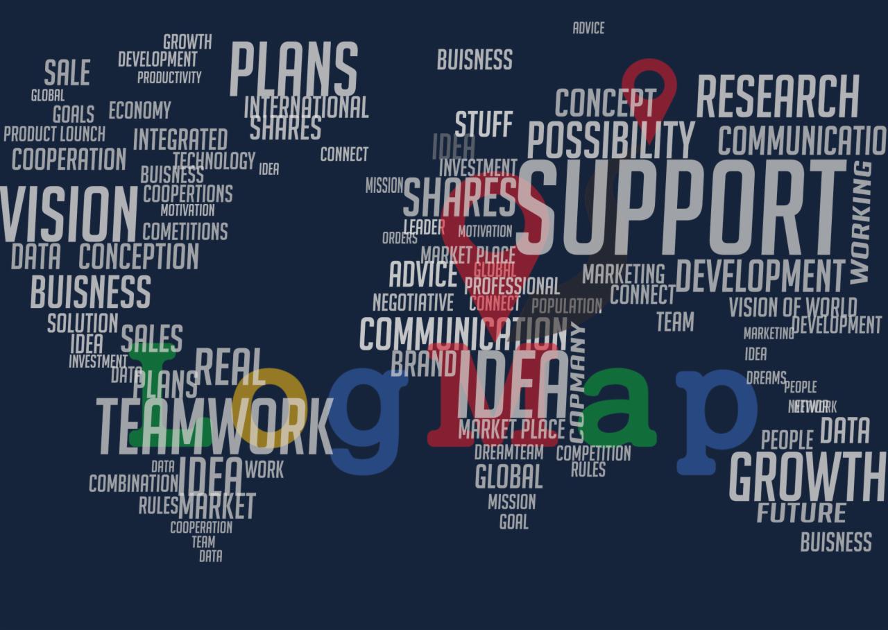 Word cloud on a dark blue background featuring business-related terms like 'Support,' 'Teamwork,' 'Plans,' 'Growth,' 'Communication,' and 'Idea' in various fonts and colors.