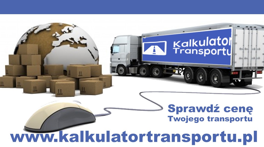 Grafika komputerowa przedstawiająca naczepę ciężarówki z napisem 'Kalkulator Transportu', stertę kartonowych pudeł ułożonych przed globusem oraz mysz komputerową, sugerująca wycenę online.