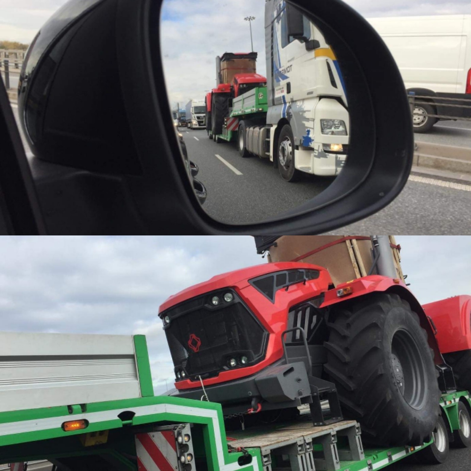 Widok w lusterku bocznym na autostradzie: transport ponadgabarytowy - czerwony traktor na zielonej platformie ciężarówki, w tle inne ciężarówki i pojazdy.