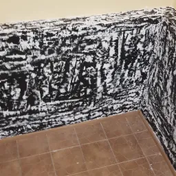 Ściana w trakcie szpachlowania z nałożoną warstwą czarnej masy, brązowe płytki podłogowe, obraz z motywem koni na ścianie.