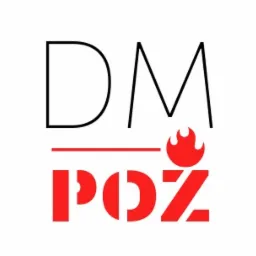 Logo firmy DM POŻ z stylizowanym płomieniem zamiast kropki nad 'ż', czarne litery DM nad czerwoną nazwą POŻ oddzieloną poziomą linią.