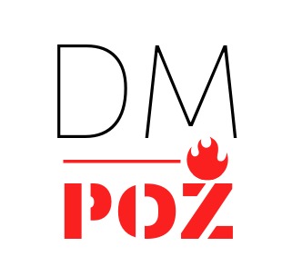 Logo firmy DM POŻ z stylizowanym płomieniem zamiast kropki nad 'ż', czarne litery DM nad czerwoną nazwą POŻ oddzieloną poziomą linią.