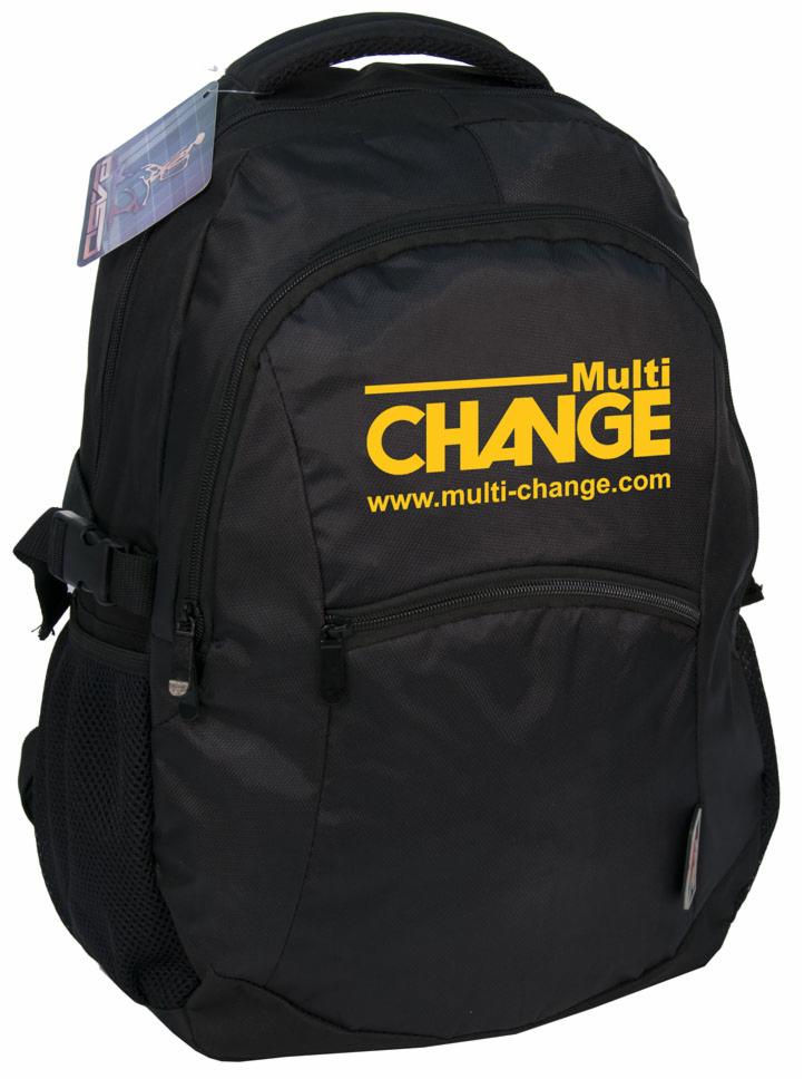 Czarny plecak z żółtym nadrukiem 'Multi CHANGE www.multi-change.com', widoczna siateczkowa kieszeń boczna i metka.